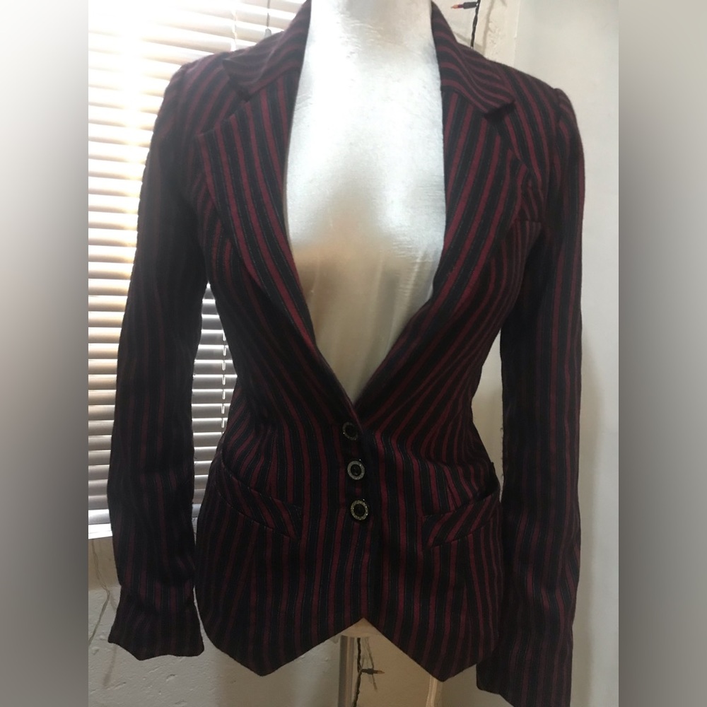 Vintage Jovivich-Hawk red & black striped designer fitted wool blazer. Size 2